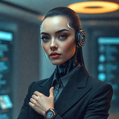 The primary subject of the image is a woman wearing a suit and a watch. She is posing for the camera with a confident and professional demeanor. The setting is a room with a backdrop of a wall with a clock on it. The visual style of the image is a digital art, which gives it a futuristic and modern appearance. The colors in the image are predominantly black and white, which adds to the professional and sophisticated atmosphere.